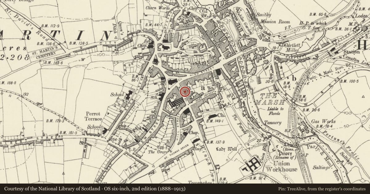 Ordnance Survey six-inch map, 2nd edition (1888–1913) covering the location of 18 Market Street, Haverfordwest, Pembrokeshire, with a pin at the register's coordinates