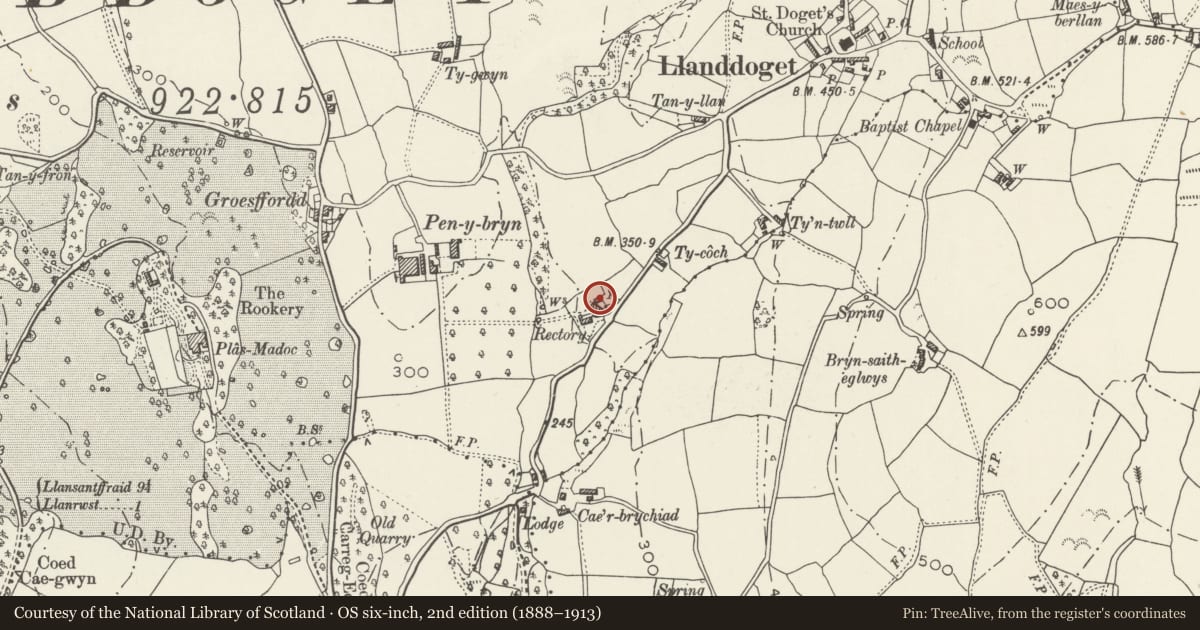 Ordnance Survey six-inch map, 2nd edition (1888–1913) covering the location of Former Stable and Cartshed facing road at Old Rectory, Llanddoged and Maenan, Conwy, with a pin at the register's coordinates