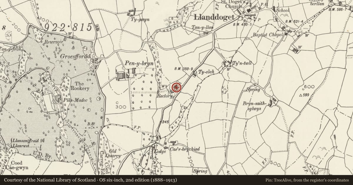 Ordnance Survey six-inch map, 2nd edition (1888–1913) covering the location of Former Byre at right-angles to road at Old Rectory, Llanddoged and Maenan, Conwy, with a pin at the register's coordinates