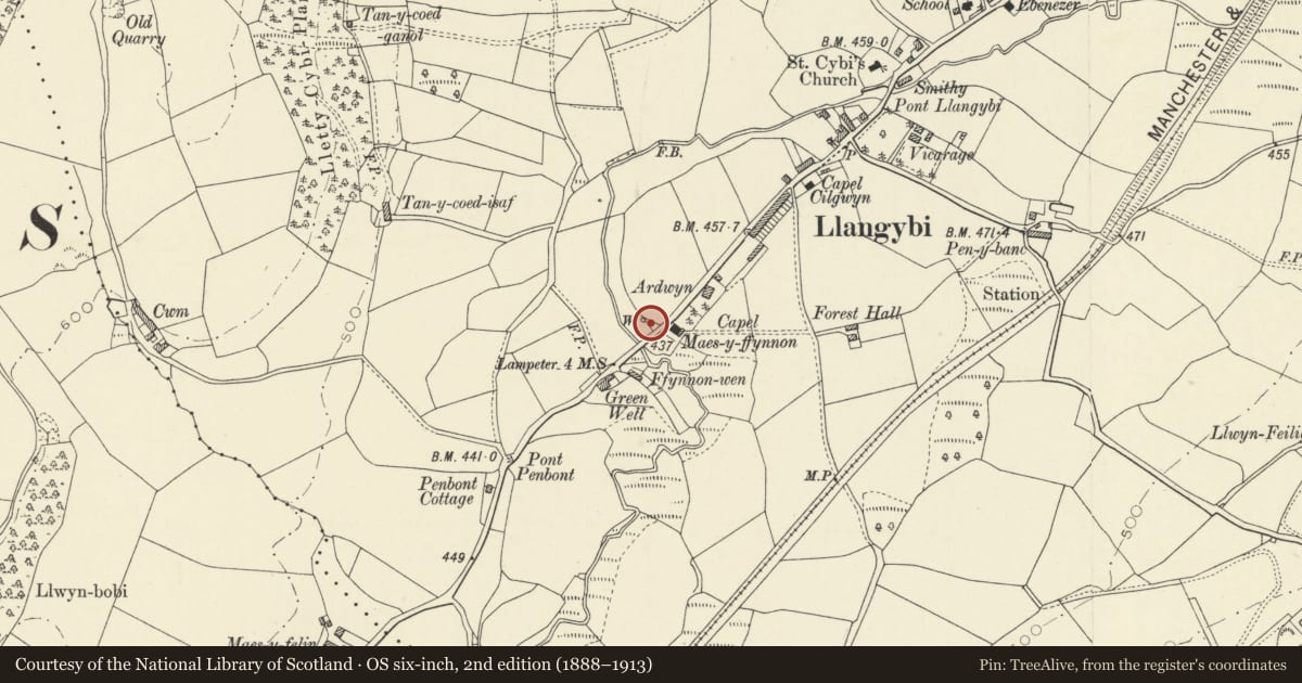 Ordnance Survey six-inch map, 2nd edition (1888–1913) covering the location of Ffynnon Gybi, Llangybi, Ceredigion, with a pin at the register's coordinates