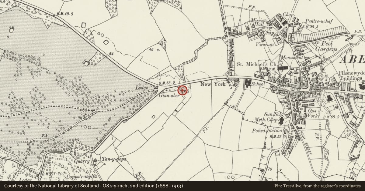 Ordnance Survey six-inch map, 2nd edition (1888–1913) covering the location of Stables and Coach-house Range at Glan Aber, Abergele, Conwy, with a pin at the register's coordinates