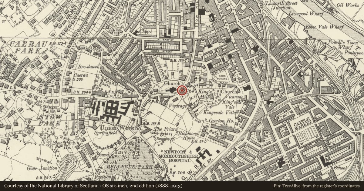 Ordnance Survey six-inch map, 2nd edition (1888–1913) covering the location of Nos 95 to 101 (Odd Numbers), Stow Hill, Newport, with a pin at the register's coordinates