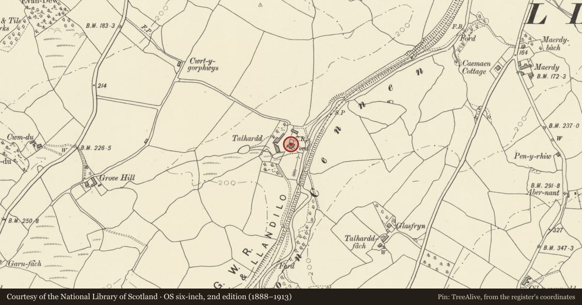 Ordnance Survey six-inch map, 2nd edition (1888–1913) covering the location of Talhardd, Cyngor Bro Dyffryn Cennen, Carmarthenshire, with a pin at the register's coordinates