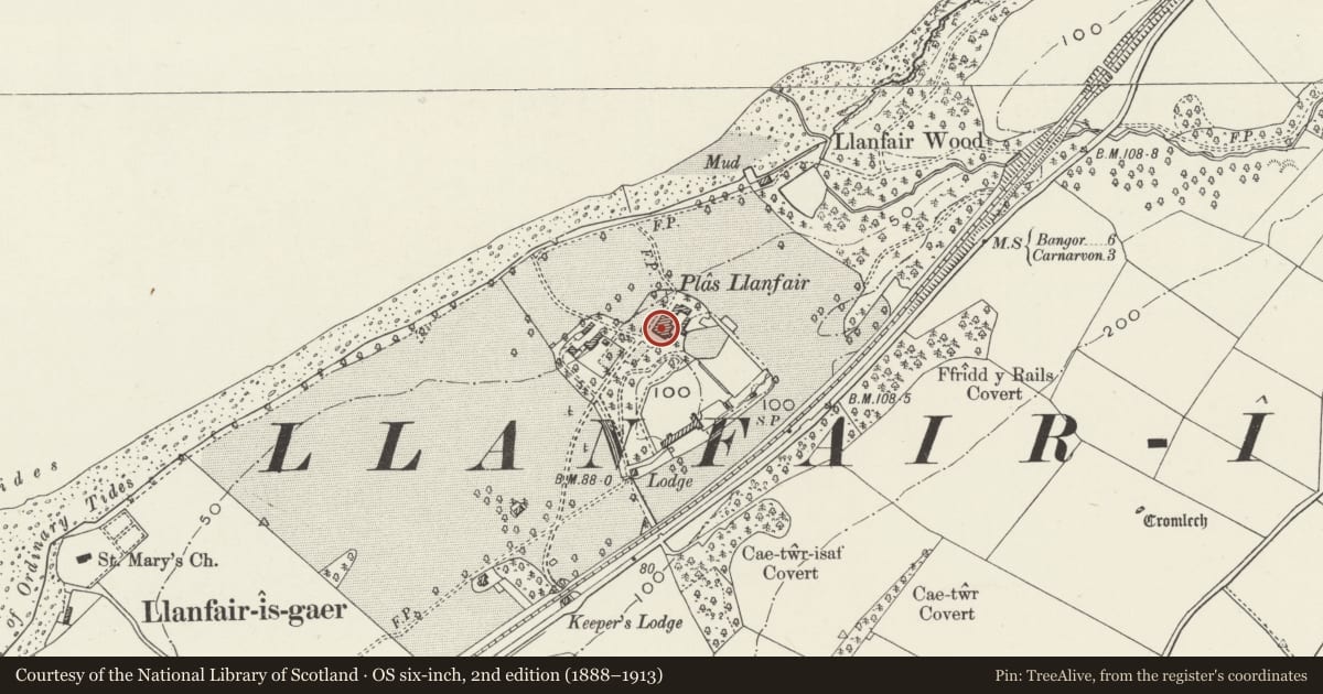 Ordnance Survey six-inch map, 2nd edition (1888–1913) covering the location of Llanfair Hall including attached courtyard ranges and all subdivided units, Y Felinheli, Gwynedd, with a pin at the register's coordinates
