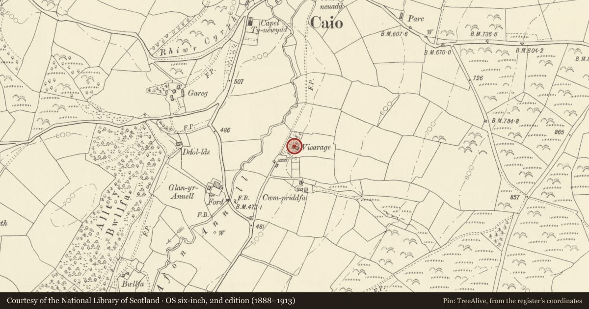 Ordnance Survey six-inch map, 2nd edition (1888–1913) covering the location of Dyffryn, Cynwyl Gaeo, Carmarthenshire, with a pin at the register's coordinates