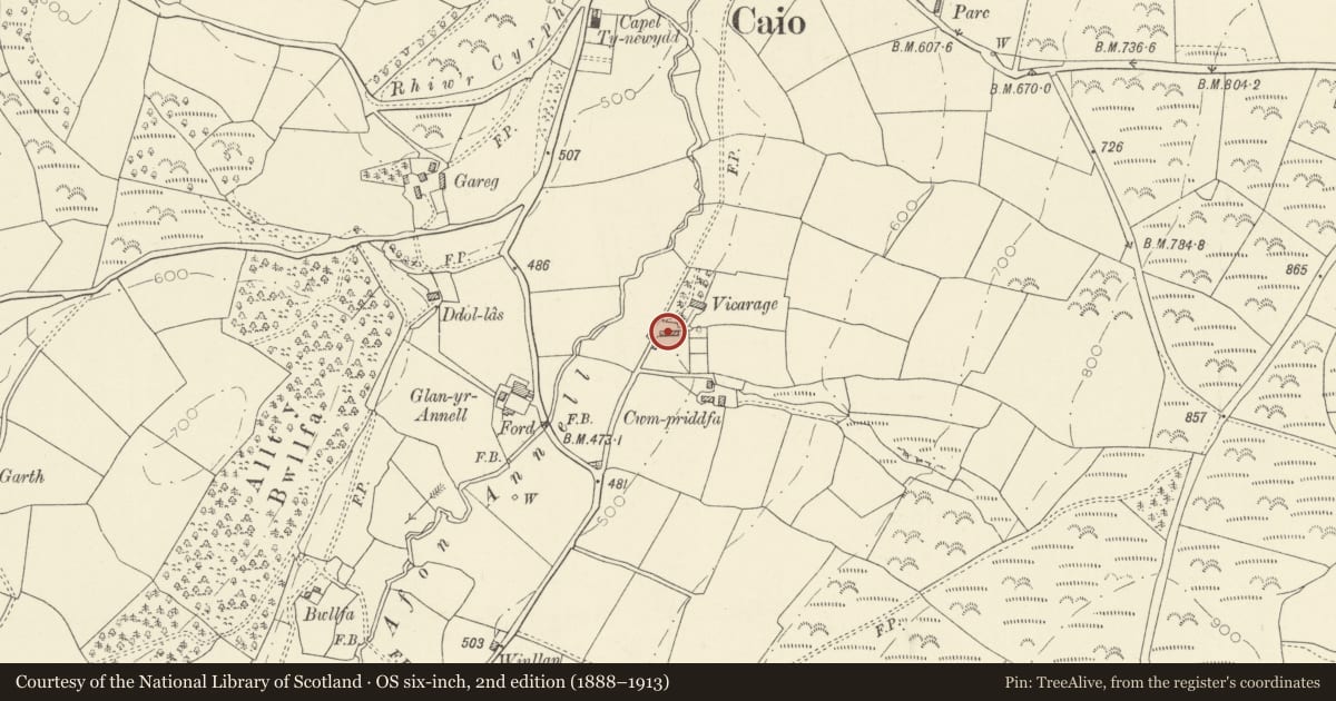 Ordnance Survey six-inch map, 2nd edition (1888–1913) covering the location of Former Agricultural Rnge to south-west of Dyffryn, Cynwyl Gaeo, Carmarthenshire, with a pin at the register's coordinates