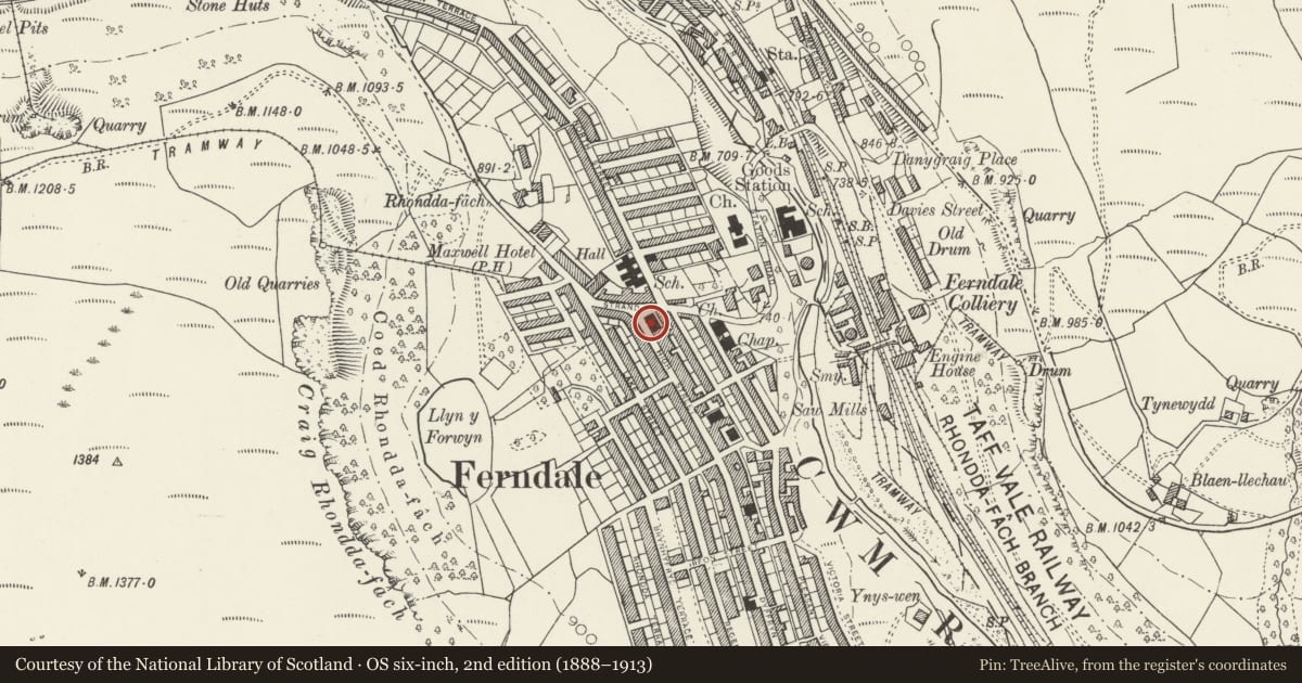 Ordnance Survey six-inch map, 2nd edition (1888–1913) covering the location of Trehondda Welsh Independent Chapel, Ferndale, Rhondda Cynon Taff, with a pin at the register's coordinates