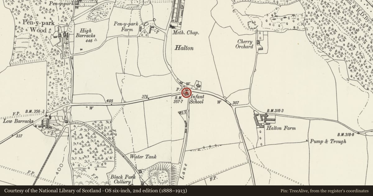 Ordnance Survey six-inch map, 2nd edition (1888–1913) covering the location of Halton Former Mission Church, Chirk, Wrexham, with a pin at the register's coordinates