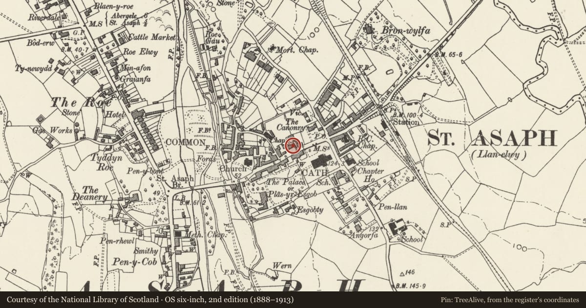 Ordnance Survey six-inch map, 2nd edition (1888–1913) covering the location of H.M. Cleaver & Co. (Solicitors), St. Asaph, Denbighshire, with a pin at the register's coordinates