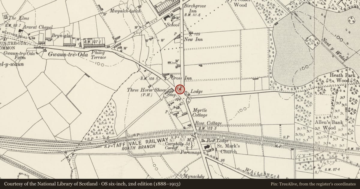 Ordnance Survey six-inch map, 2nd edition (1888–1913) covering the location of Cross Inn, Heath, Cardiff, with a pin at the register's coordinates