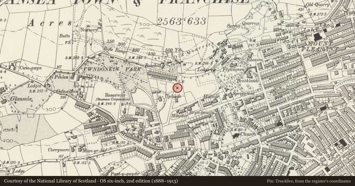 Ordnance Survey six-inch map, 2nd edition (1888–1913) covering the location of 6 Cwmdonkin Drive, Uplands, Swansea, with a pin at the register's coordinates