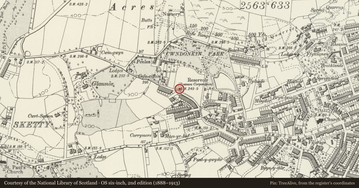 Ordnance Survey six-inch map, 2nd edition (1888–1913) covering the location of 1 Eden Avenue, Uplands, Swansea, with a pin at the register's coordinates