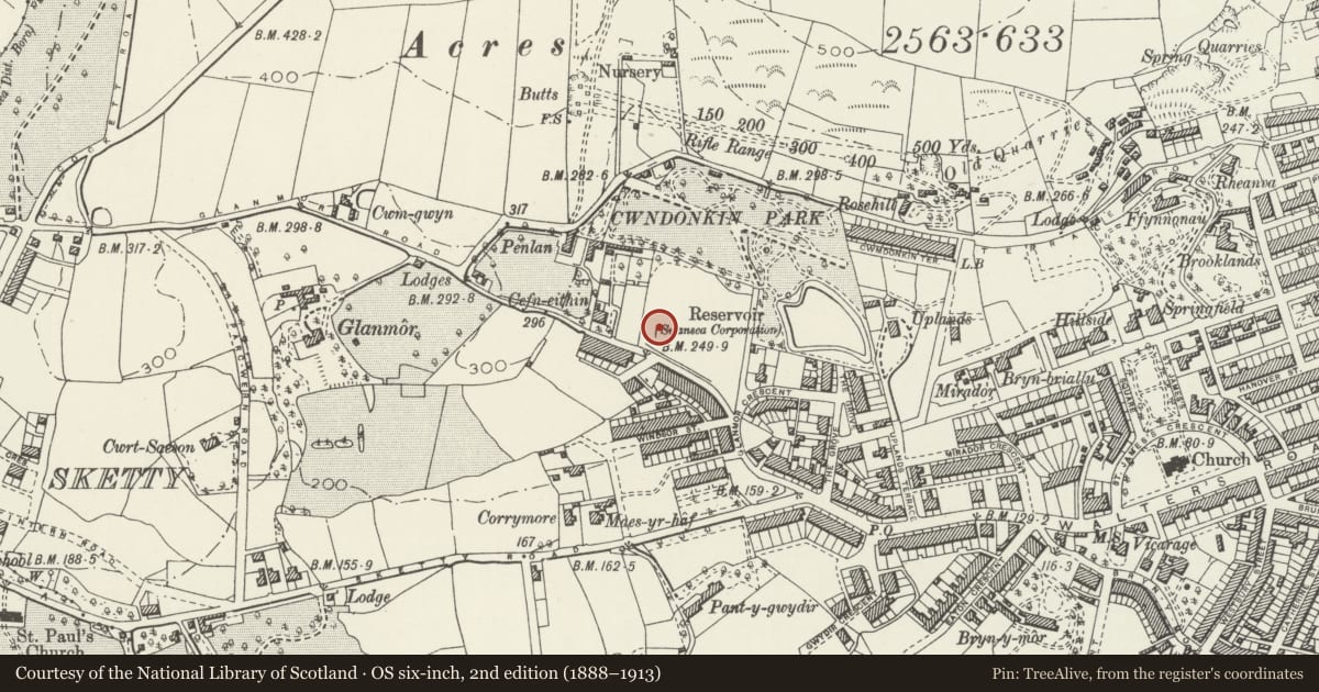 Ordnance Survey six-inch map, 2nd edition (1888–1913) covering the location of 5 Eden Avenue, Uplands, Swansea, with a pin at the register's coordinates