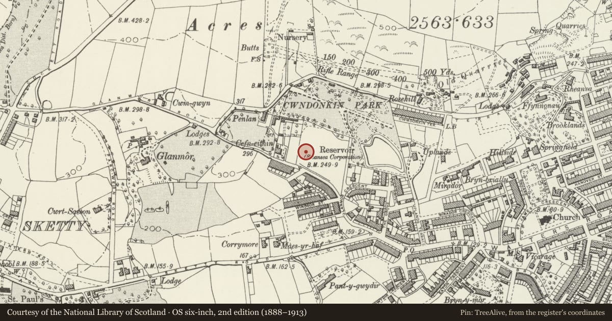Ordnance Survey six-inch map, 2nd edition (1888–1913) covering the location of Vicarage, Uplands, Swansea, with a pin at the register's coordinates