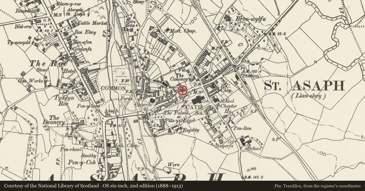 Ordnance Survey six-inch map, 2nd edition (1888–1913) covering the location of Barrow Crafts (including Antiques Shop), St. Asaph, Denbighshire, with a pin at the register's coordinates