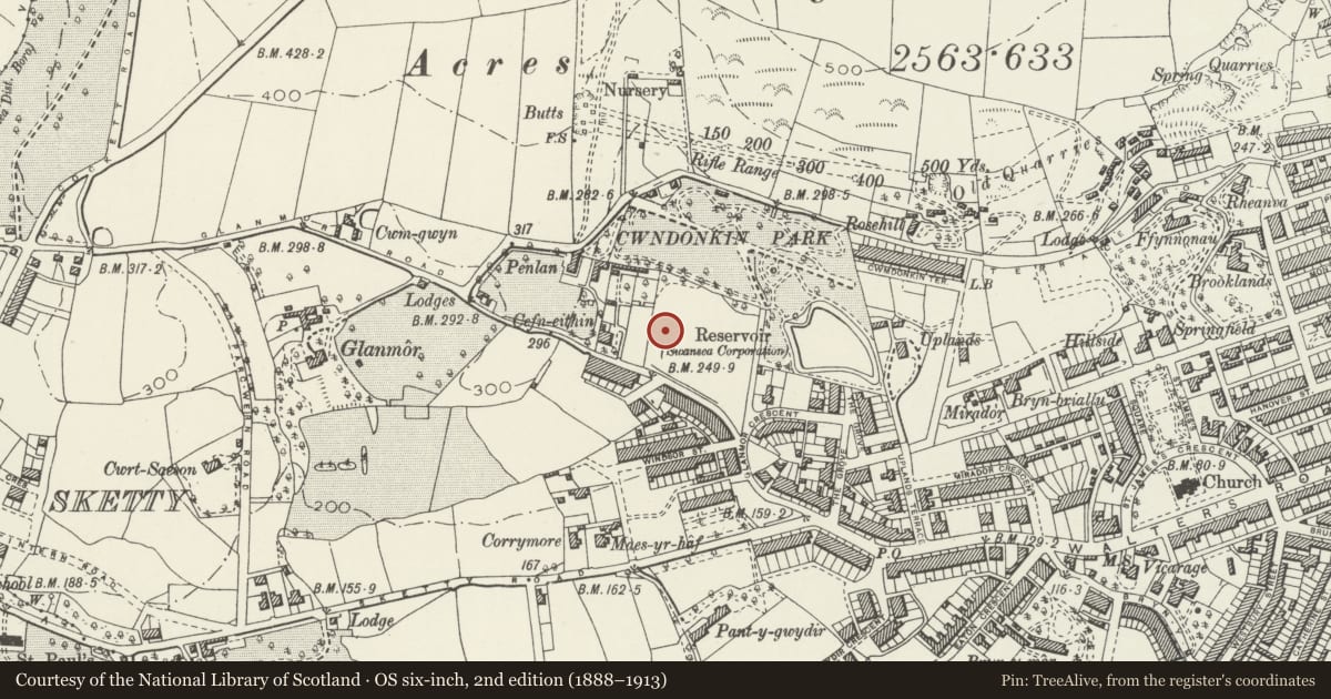 Ordnance Survey six-inch map, 2nd edition (1888–1913) covering the location of 9 Eden Avenue, Uplands, Swansea, with a pin at the register's coordinates