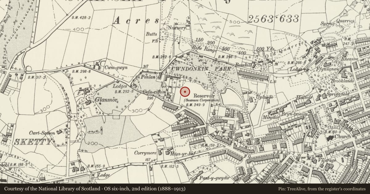 Ordnance Survey six-inch map, 2nd edition (1888–1913) covering the location of 11 Eden Avenue, Uplands, Swansea, with a pin at the register's coordinates