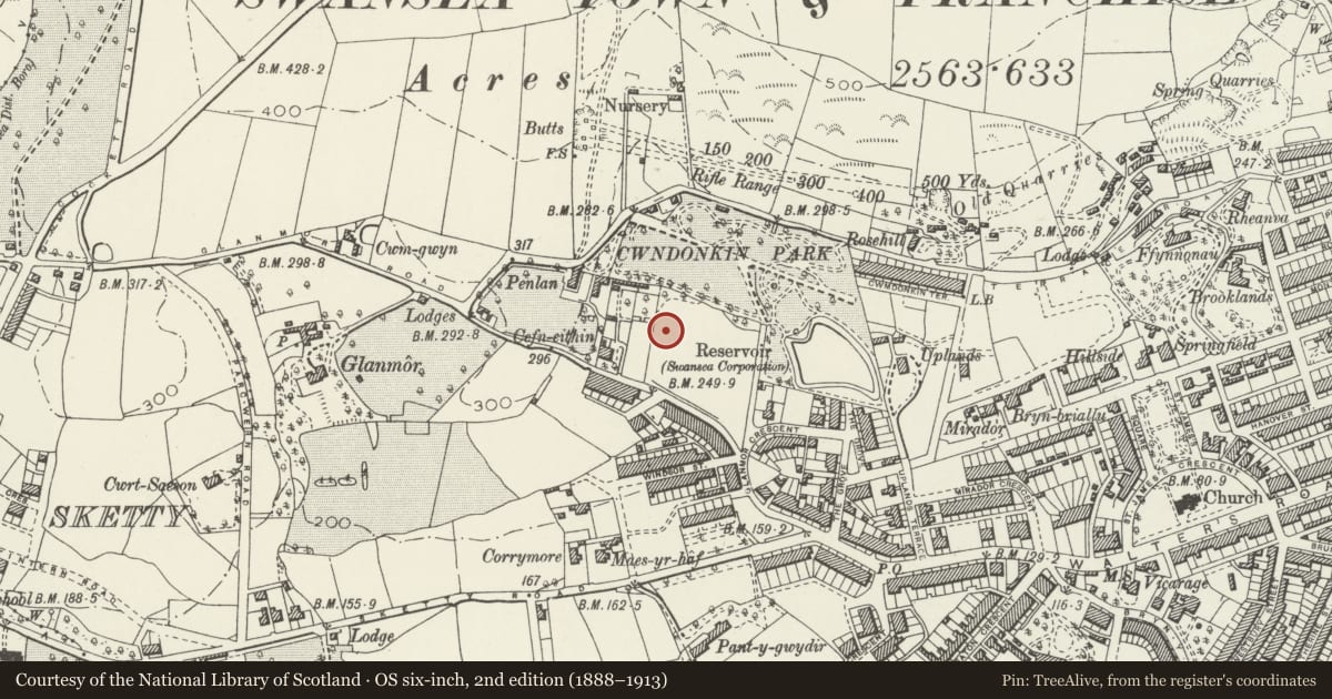 Ordnance Survey six-inch map, 2nd edition (1888–1913) covering the location of 15 Eden Avenue, Uplands, Swansea, with a pin at the register's coordinates