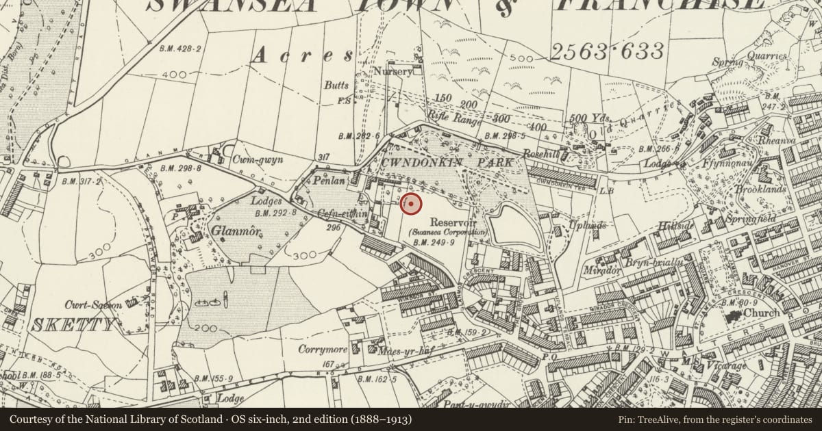 Ordnance Survey six-inch map, 2nd edition (1888–1913) covering the location of 17 Eden Avenue, Uplands, Swansea, with a pin at the register's coordinates