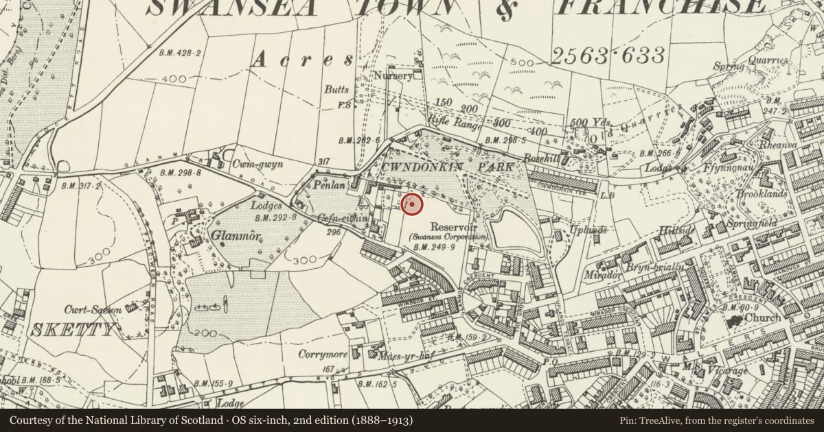 Ordnance Survey six-inch map, 2nd edition (1888–1913) covering the location of 19 Eden Avenue, Uplands, Swansea, with a pin at the register's coordinates