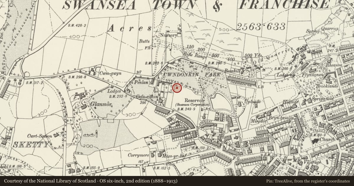 Ordnance Survey six-inch map, 2nd edition (1888–1913) covering the location of 21 Eden Avenue, Uplands, Swansea, with a pin at the register's coordinates