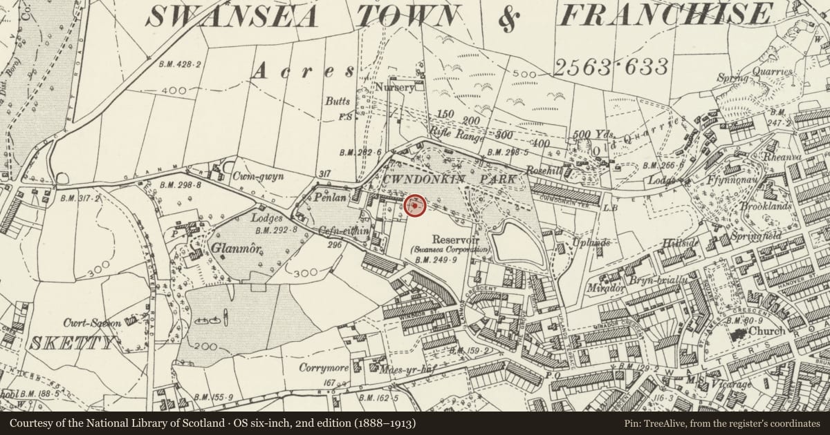 Ordnance Survey six-inch map, 2nd edition (1888–1913) covering the location of 23 Eden Avenue, Uplands, Swansea, with a pin at the register's coordinates