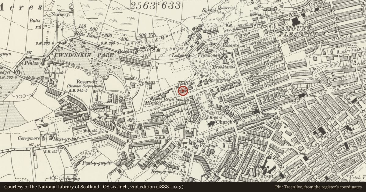 Ordnance Survey six-inch map, 2nd edition (1888–1913) covering the location of Devon Terrace, Uplands, Swansea, with a pin at the register's coordinates