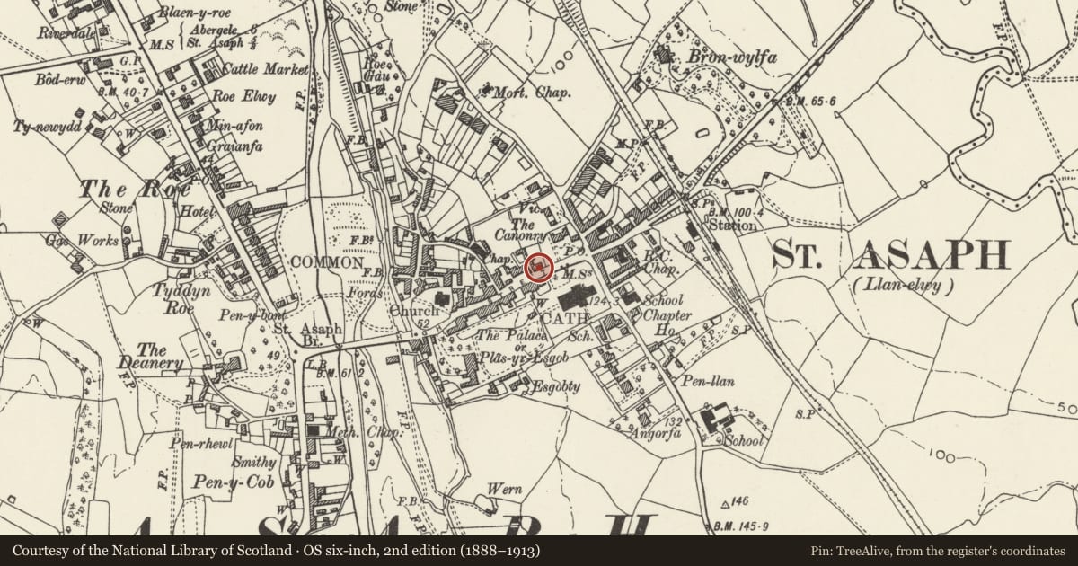 Ordnance Survey six-inch map, 2nd edition (1888–1913) covering the location of The Old Rectory, St. Asaph, Denbighshire, with a pin at the register's coordinates