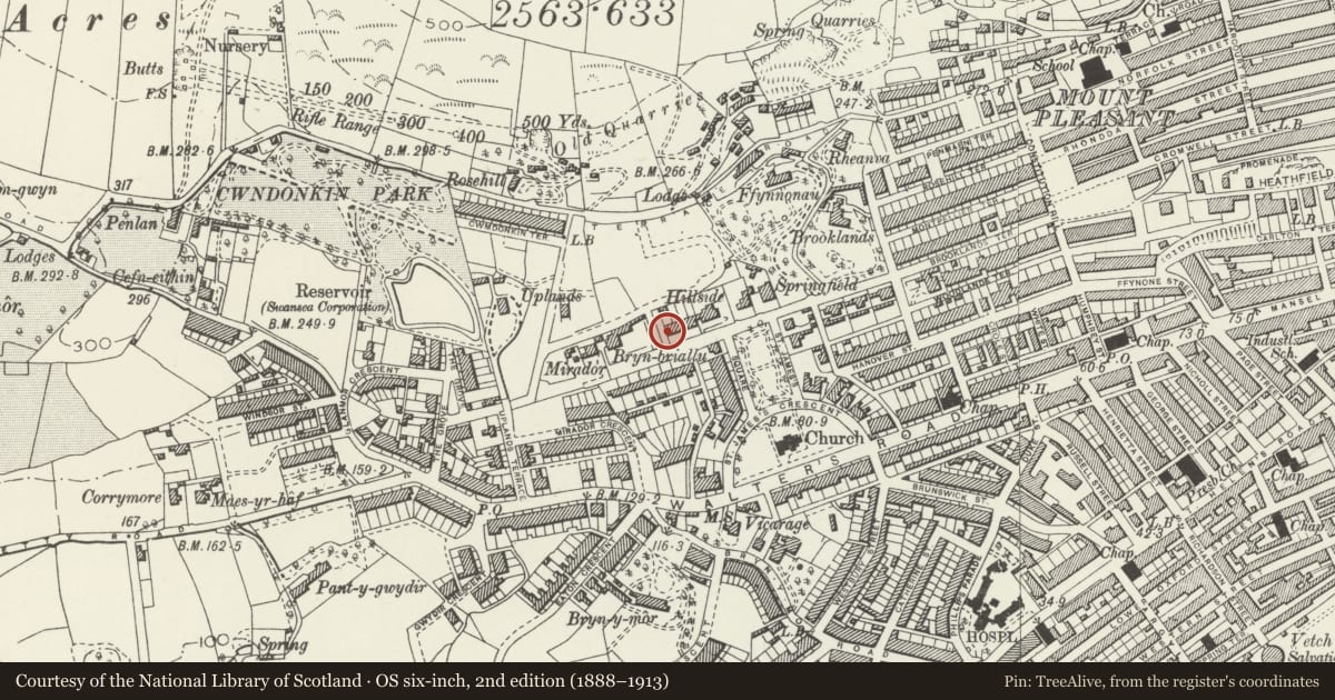 Ordnance Survey six-inch map, 2nd edition (1888–1913) covering the location of Devon Terrace, Uplands, Swansea, with a pin at the register's coordinates