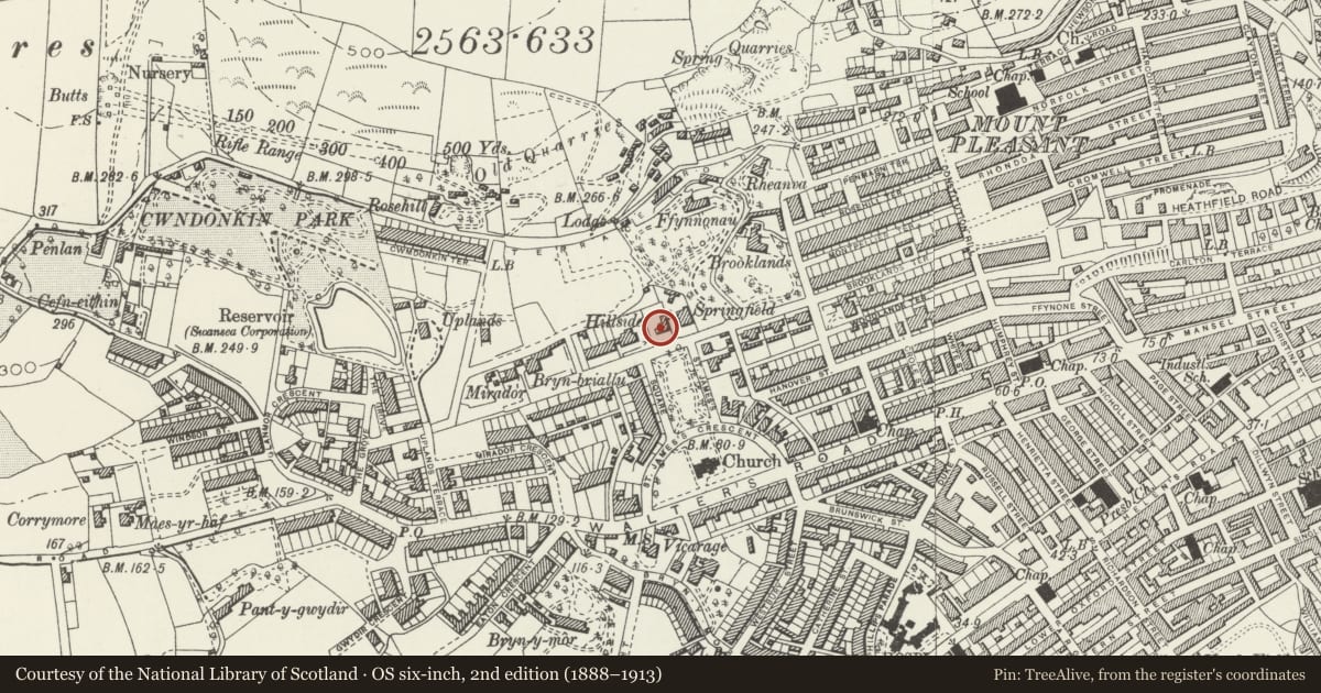 Ordnance Survey six-inch map, 2nd edition (1888–1913) covering the location of Beryn-Cerrig, Uplands, Swansea, with a pin at the register's coordinates