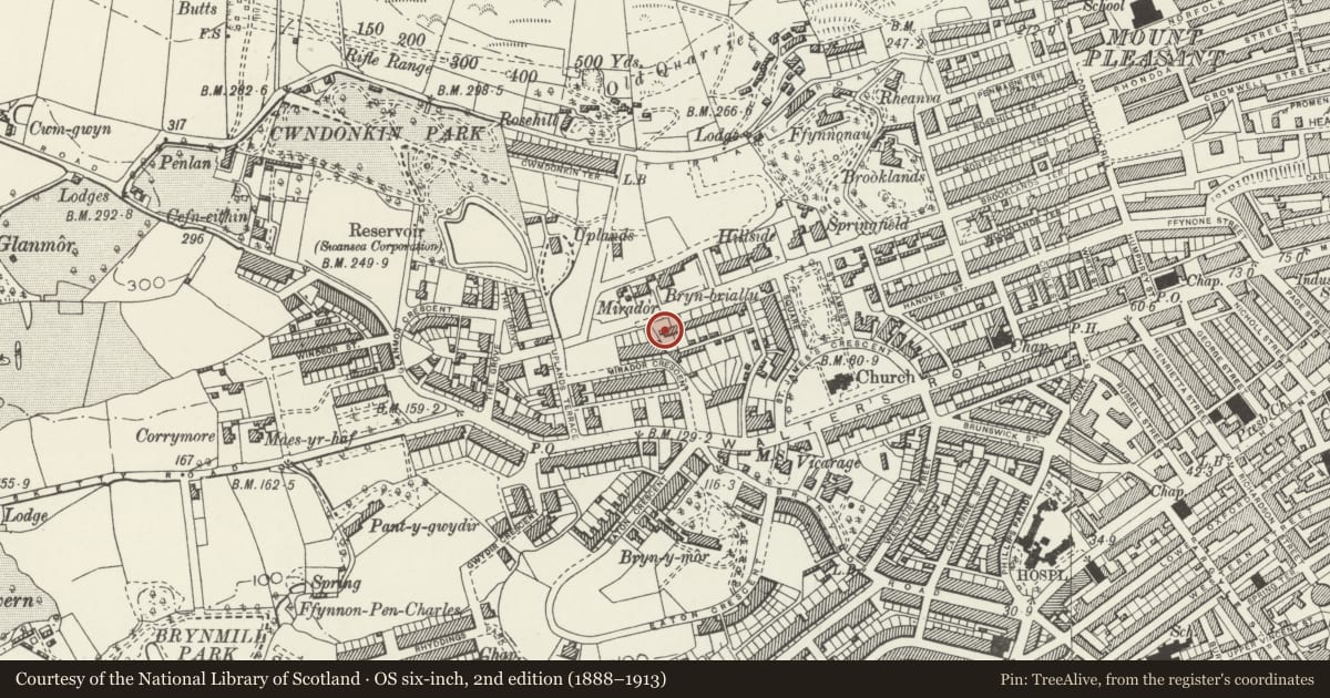 Ordnance Survey six-inch map, 2nd edition (1888–1913) covering the location of Richmond Villas, Uplands, Swansea, with a pin at the register's coordinates