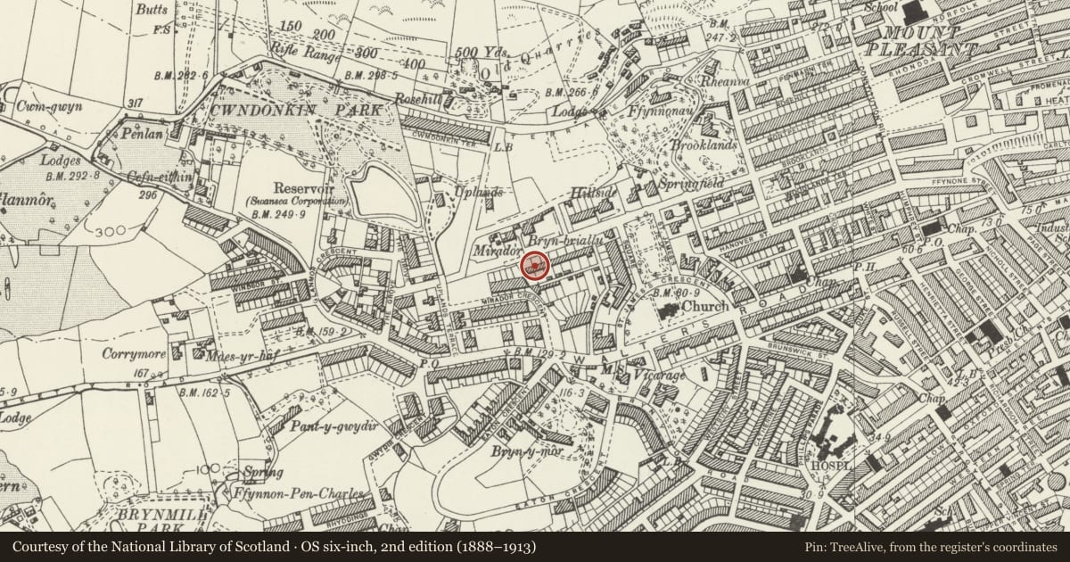 Ordnance Survey six-inch map, 2nd edition (1888–1913) covering the location of Richmond Villas, Uplands, Swansea, with a pin at the register's coordinates