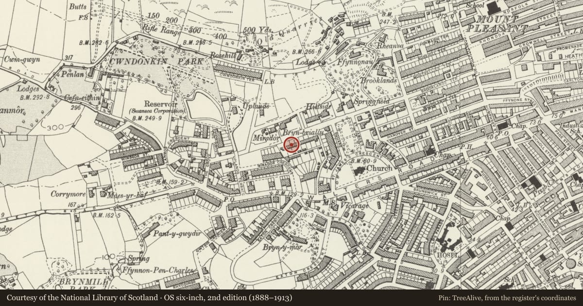 Ordnance Survey six-inch map, 2nd edition (1888–1913) covering the location of Richmond Villas, Uplands, Swansea, with a pin at the register's coordinates