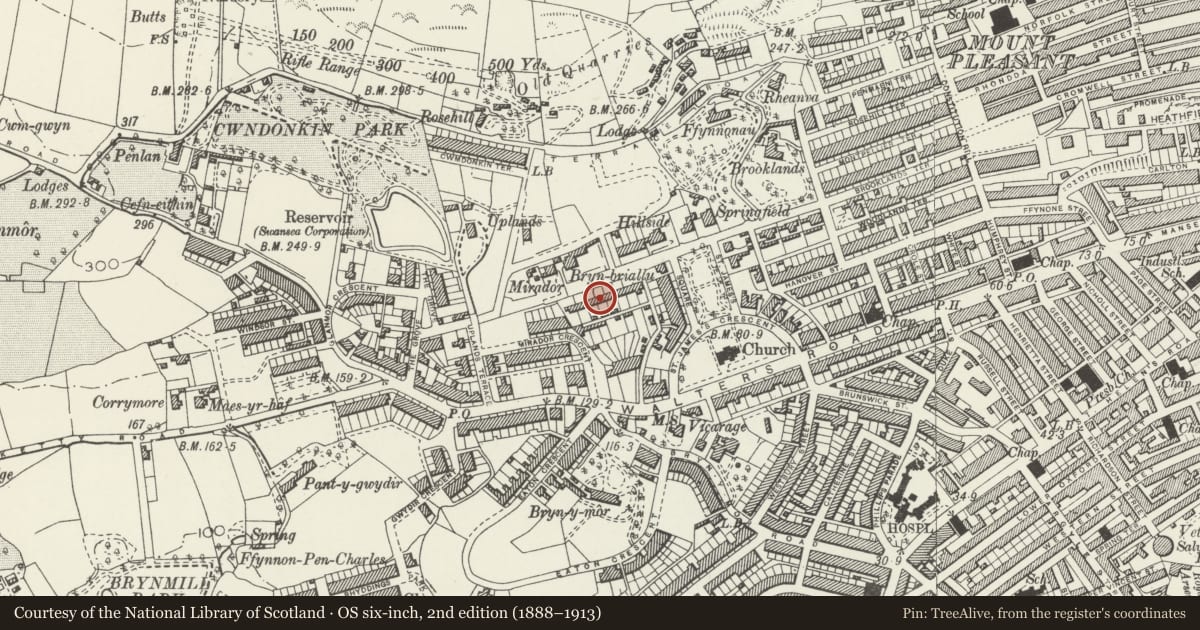 Ordnance Survey six-inch map, 2nd edition (1888–1913) covering the location of Richmond Villas, Uplands, Swansea, with a pin at the register's coordinates