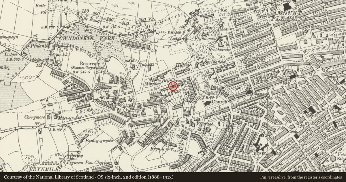 Ordnance Survey six-inch map, 2nd edition (1888–1913) covering the location of Richmond Villas, Uplands, Swansea, with a pin at the register's coordinates