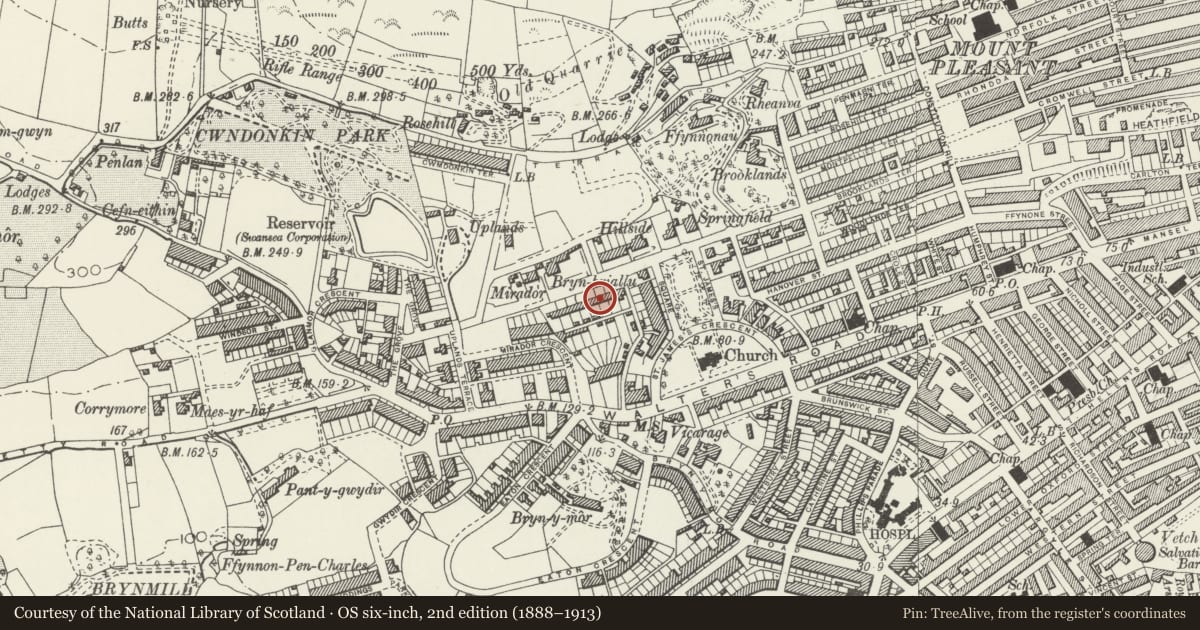 Ordnance Survey six-inch map, 2nd edition (1888–1913) covering the location of Richmond Villas, Uplands, Swansea, with a pin at the register's coordinates