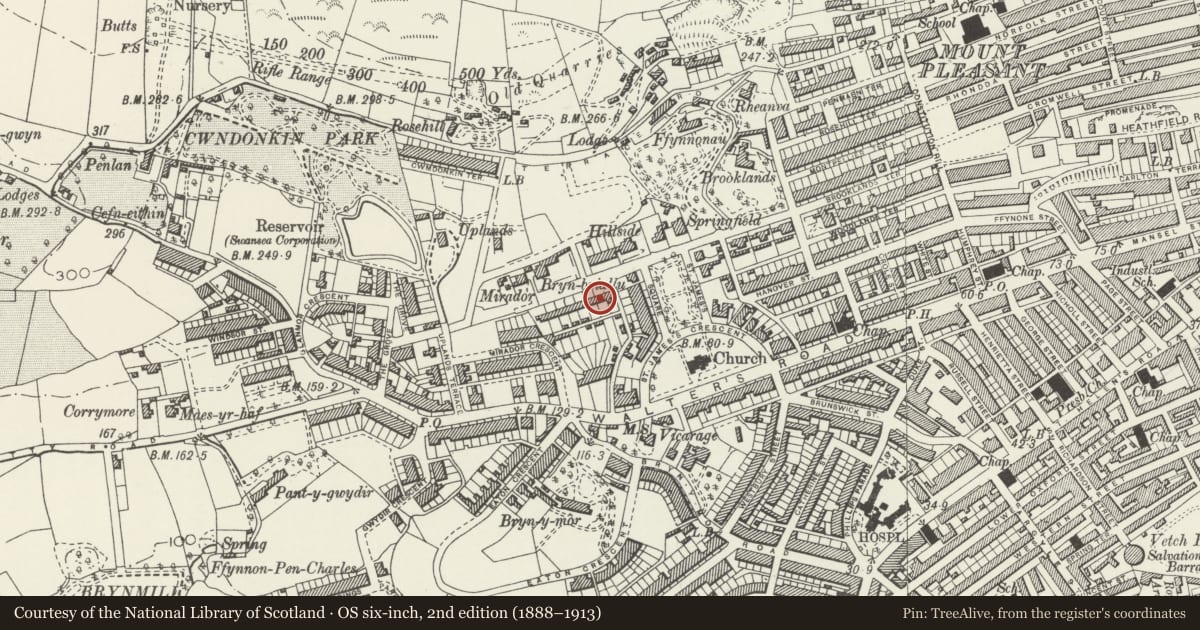 Ordnance Survey six-inch map, 2nd edition (1888–1913) covering the location of Richmond Villas, Uplands, Swansea, with a pin at the register's coordinates