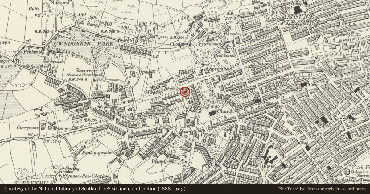 Ordnance Survey six-inch map, 2nd edition (1888–1913) covering the location of Richmond Villas, Uplands, Swansea, with a pin at the register's coordinates