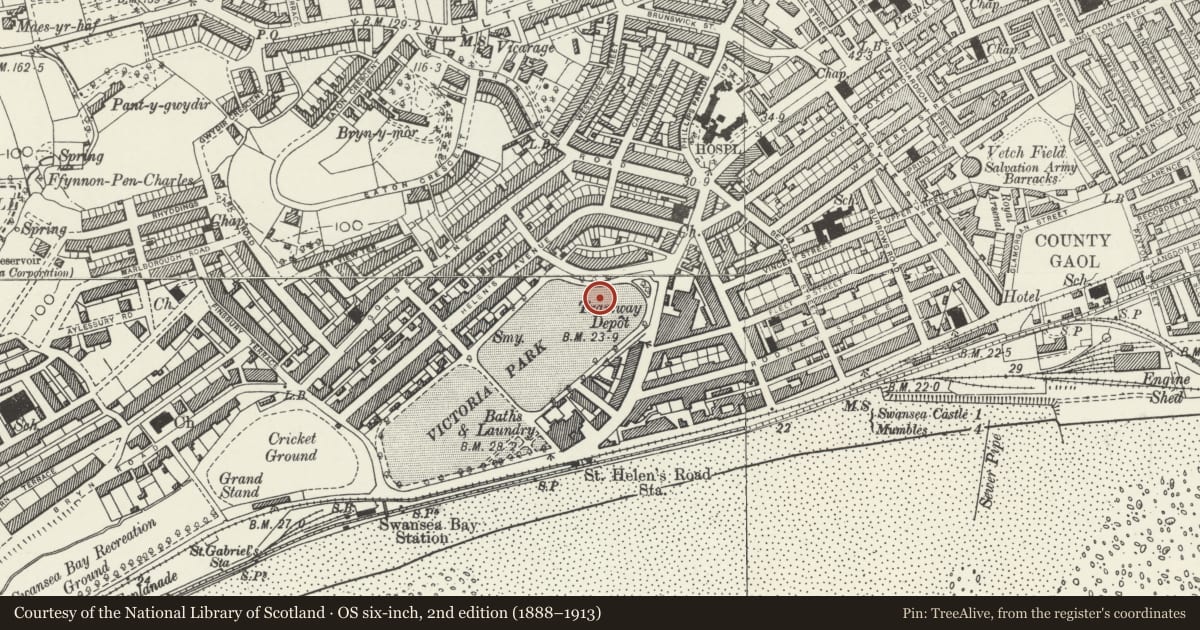 Ordnance Survey six-inch map, 2nd edition (1888–1913) covering the location of The Guildhall Flagstaff, Uplands, Swansea, with a pin at the register's coordinates