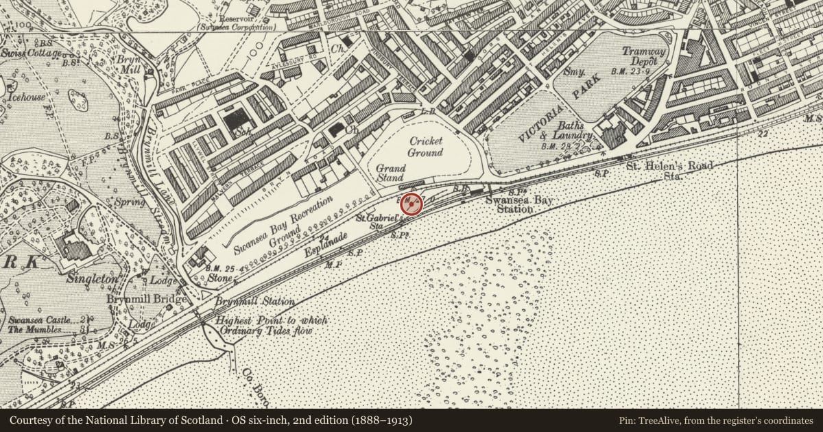 Ordnance Survey six-inch map, 2nd edition (1888–1913) covering the location of Swansea Jack Memorial, Uplands, Swansea, with a pin at the register's coordinates