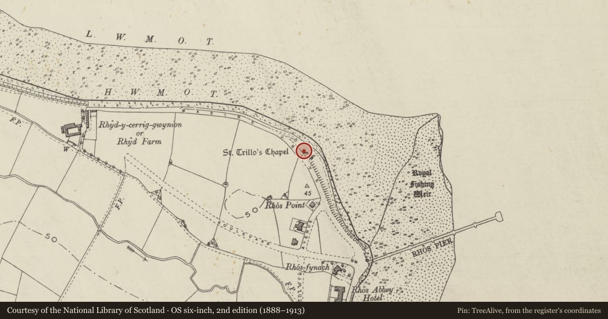 Ordnance Survey six-inch map, 2nd edition (1888–1913) covering the location of St Trillo's Chapel, Llandrillo-yn-Rhos/Rhos-on-Sea, Conwy, with a pin at the register's coordinates
