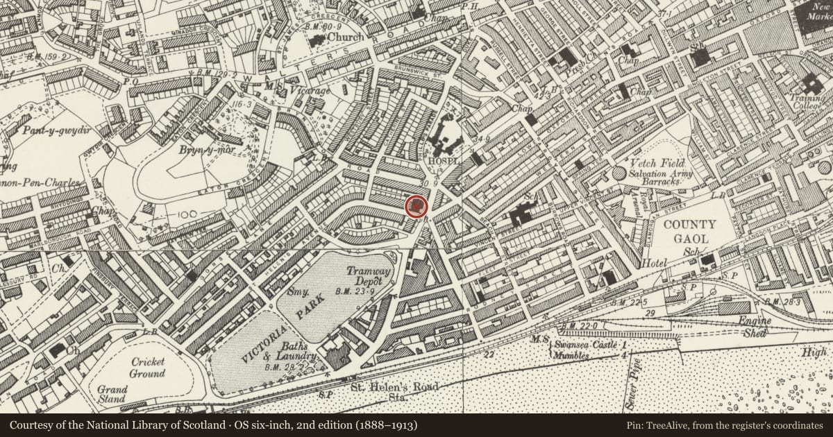 Ordnance Survey six-inch map, 2nd edition (1888–1913) covering the location of St Paul's Church, Uplands, Swansea, with a pin at the register's coordinates