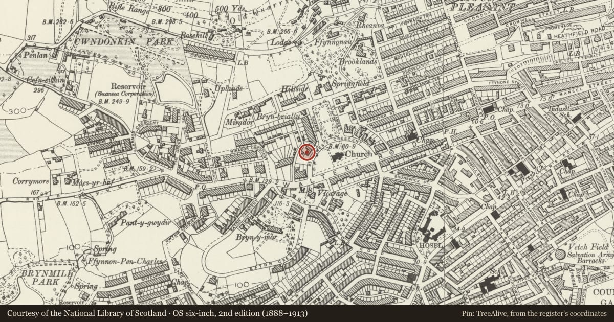 Ordnance Survey six-inch map, 2nd edition (1888–1913) covering the location of 7 St James Crescent, Uplands, Swansea, with a pin at the register's coordinates