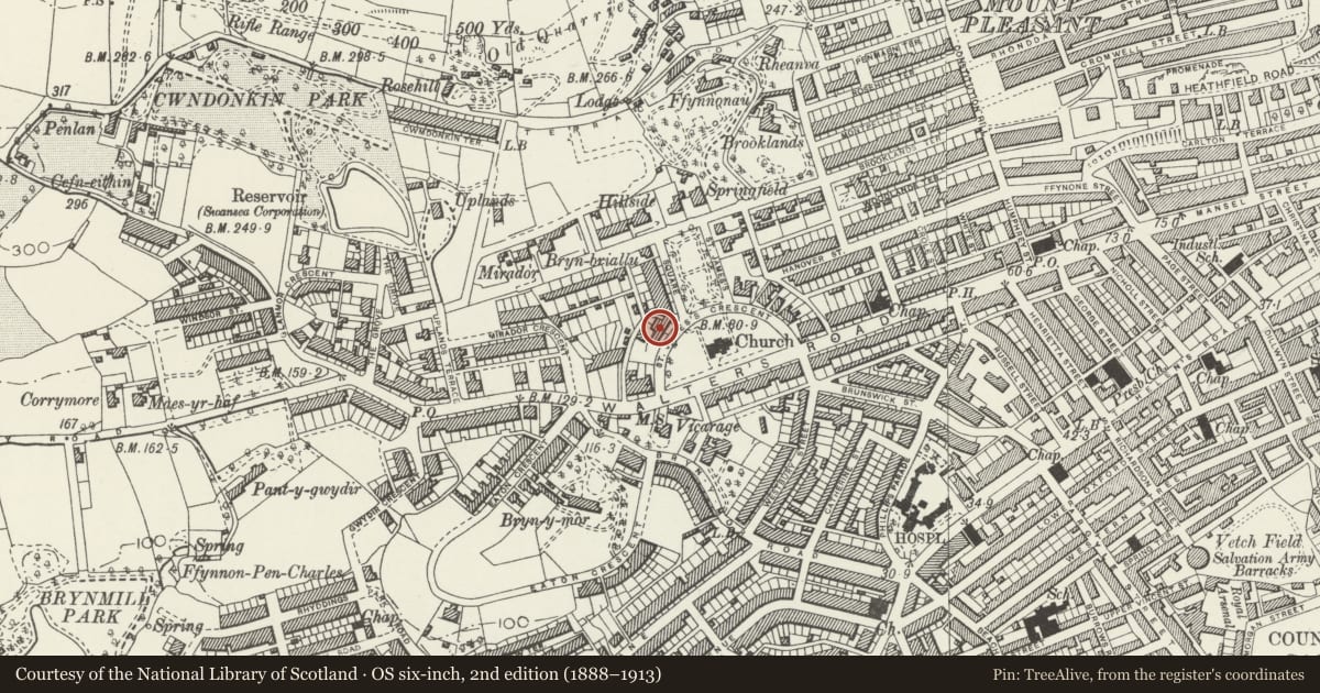 Ordnance Survey six-inch map, 2nd edition (1888–1913) covering the location of 8 St James Crescent, Uplands, Swansea, with a pin at the register's coordinates
