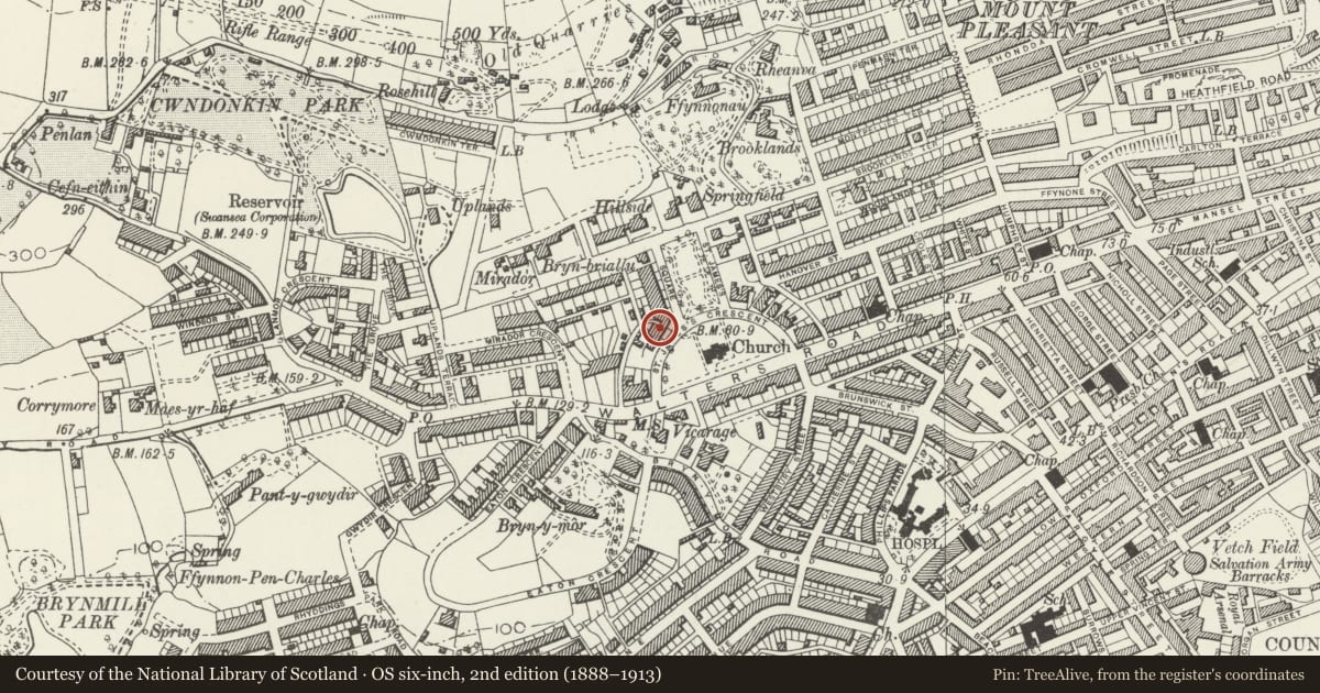 Ordnance Survey six-inch map, 2nd edition (1888–1913) covering the location of 9 St James Crescent, Uplands, Swansea, with a pin at the register's coordinates