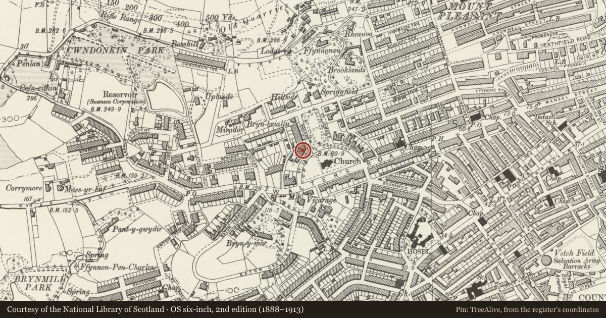 Ordnance Survey six-inch map, 2nd edition (1888–1913) covering the location of 10 St James Crescent, Uplands, Swansea, with a pin at the register's coordinates