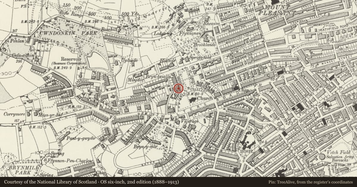 Ordnance Survey six-inch map, 2nd edition (1888–1913) covering the location of 12 St James Gardens, Uplands, Swansea, with a pin at the register's coordinates