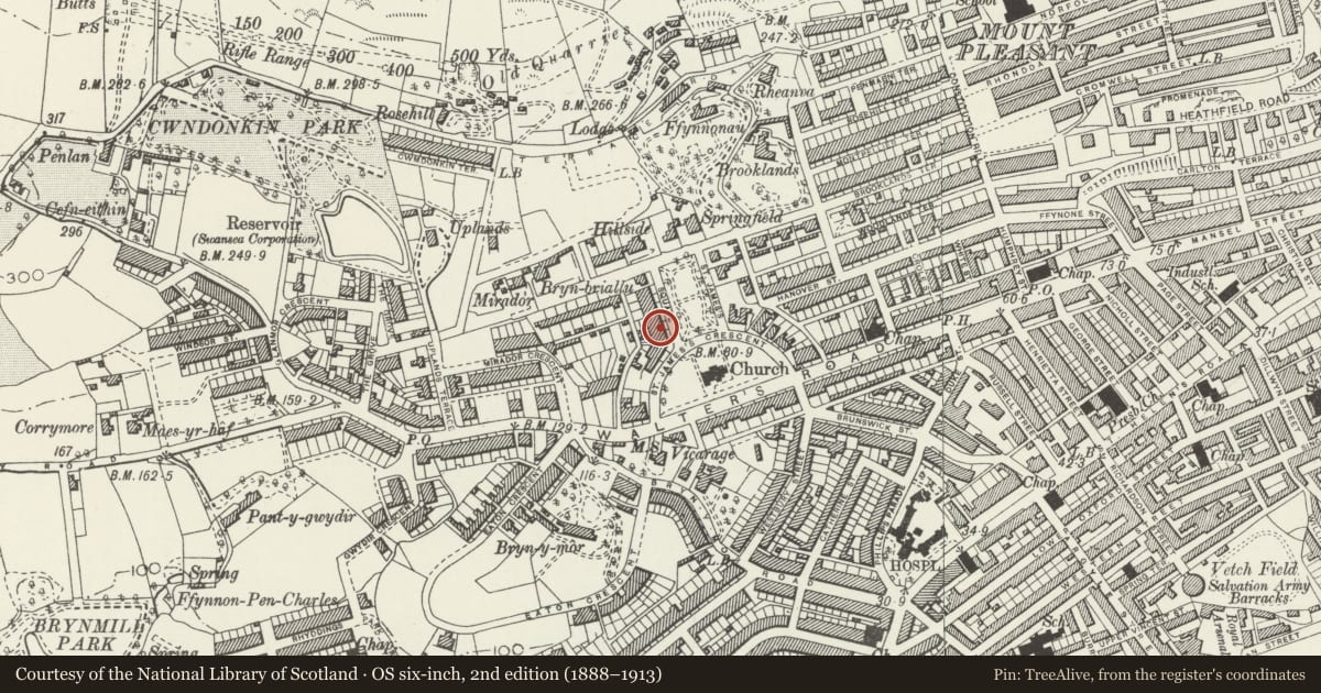 Ordnance Survey six-inch map, 2nd edition (1888–1913) covering the location of 13 St James Gardens, Uplands, Swansea, with a pin at the register's coordinates