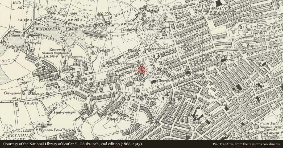 Ordnance Survey six-inch map, 2nd edition (1888–1913) covering the location of 15 St James Gardens, Uplands, Swansea, with a pin at the register's coordinates