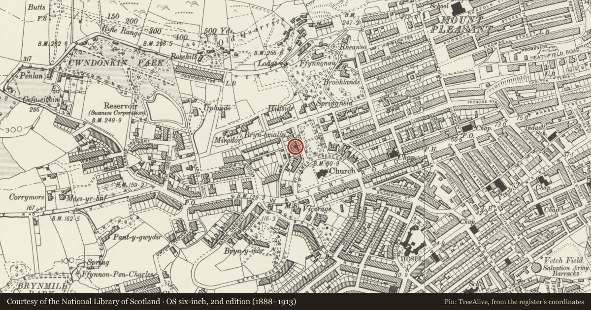 Ordnance Survey six-inch map, 2nd edition (1888–1913) covering the location of 16 St James Gardens, Uplands, Swansea, with a pin at the register's coordinates